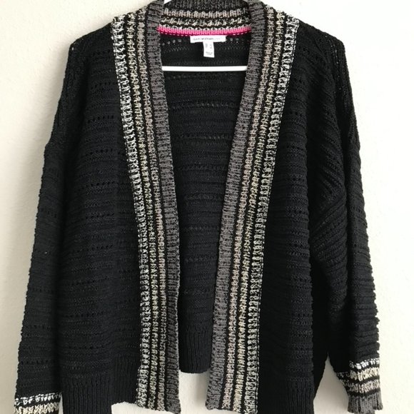 Isaac Mizrahi Sweaters - Isaac Mizrahi Live! Open Knit Shrug With Stripe Trim - Black (Sz L) a607876